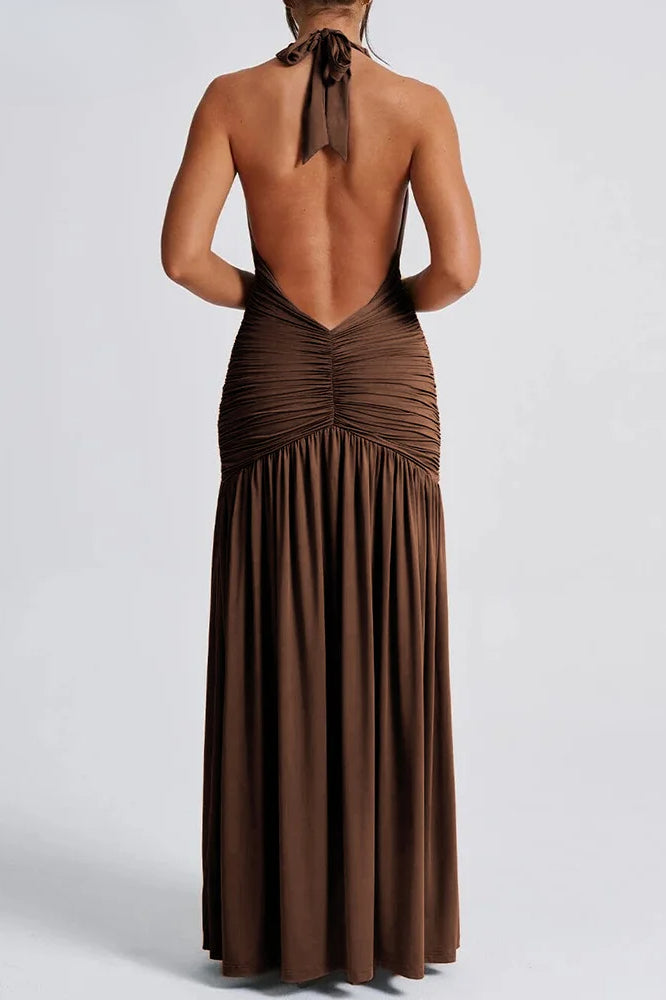 Plunge Halter Neck Ruched High Slit Maxi Gown