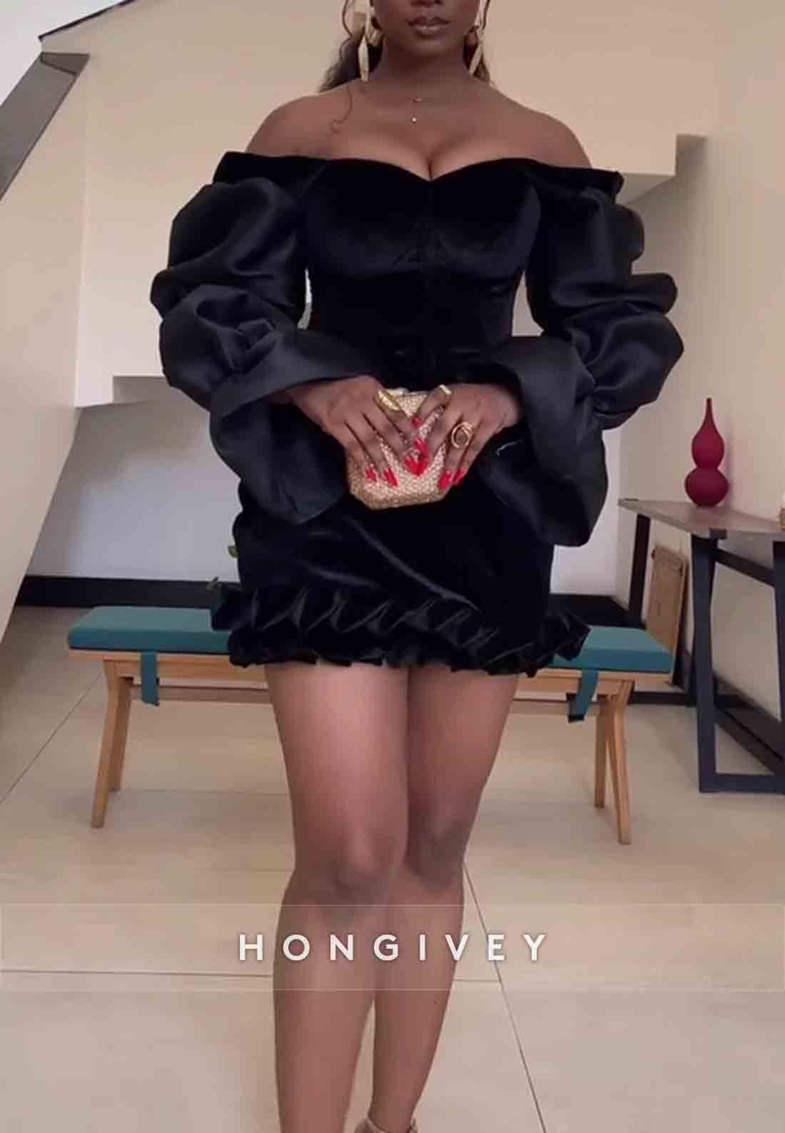 Crisscross Back Long Sleeves Off the Shoulder Mini Homecoming Dresses