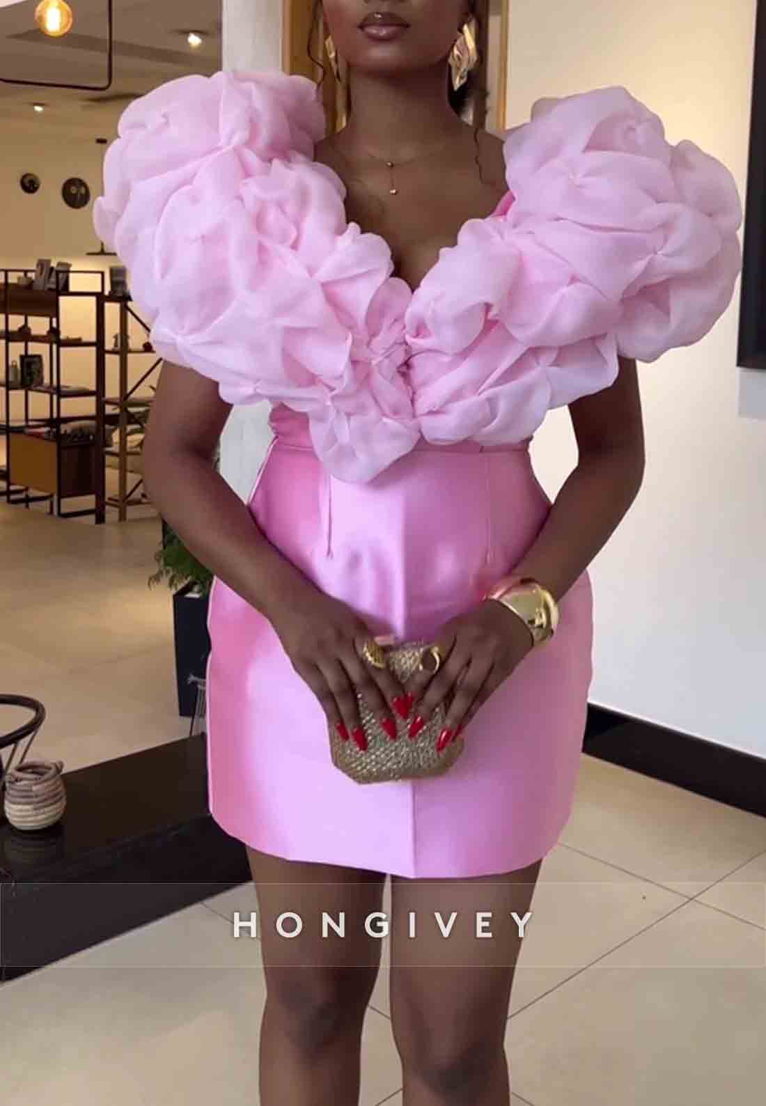 Mini Pink Sheath Satin Short Sleeves V-Neck Pleated Homecoming Dresses