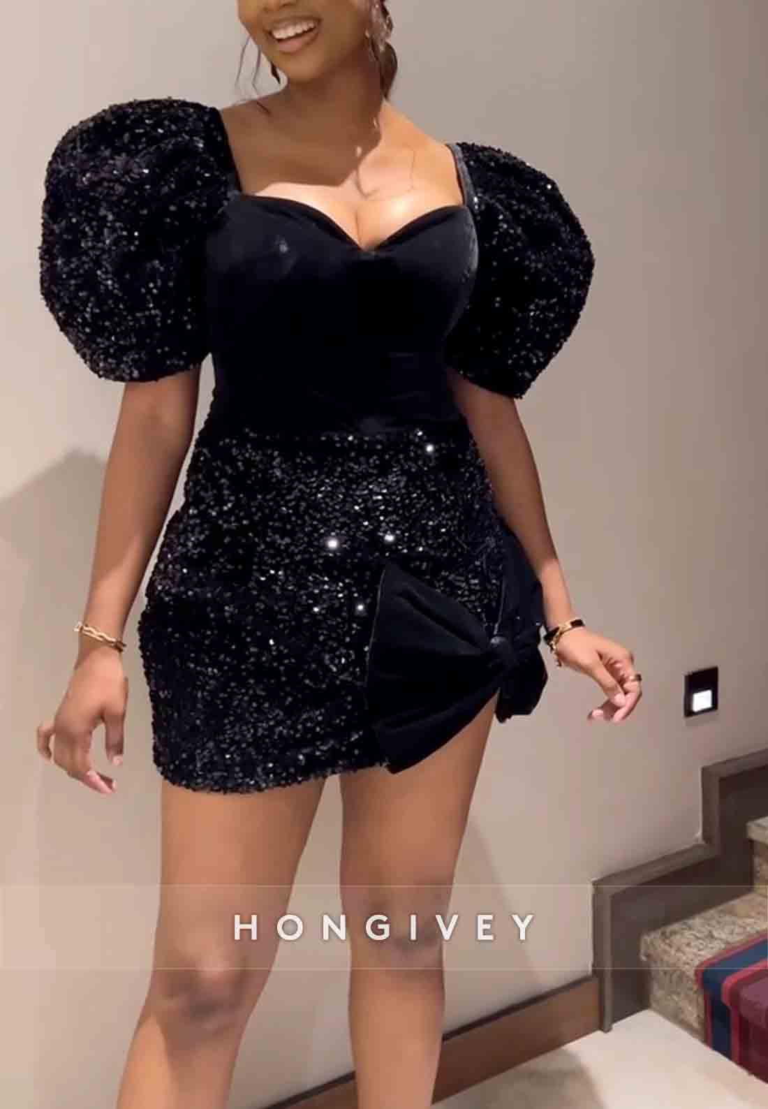 Sparkle Bowknot Short Sleeves Crisscross Back Mini Homecoming Dresses