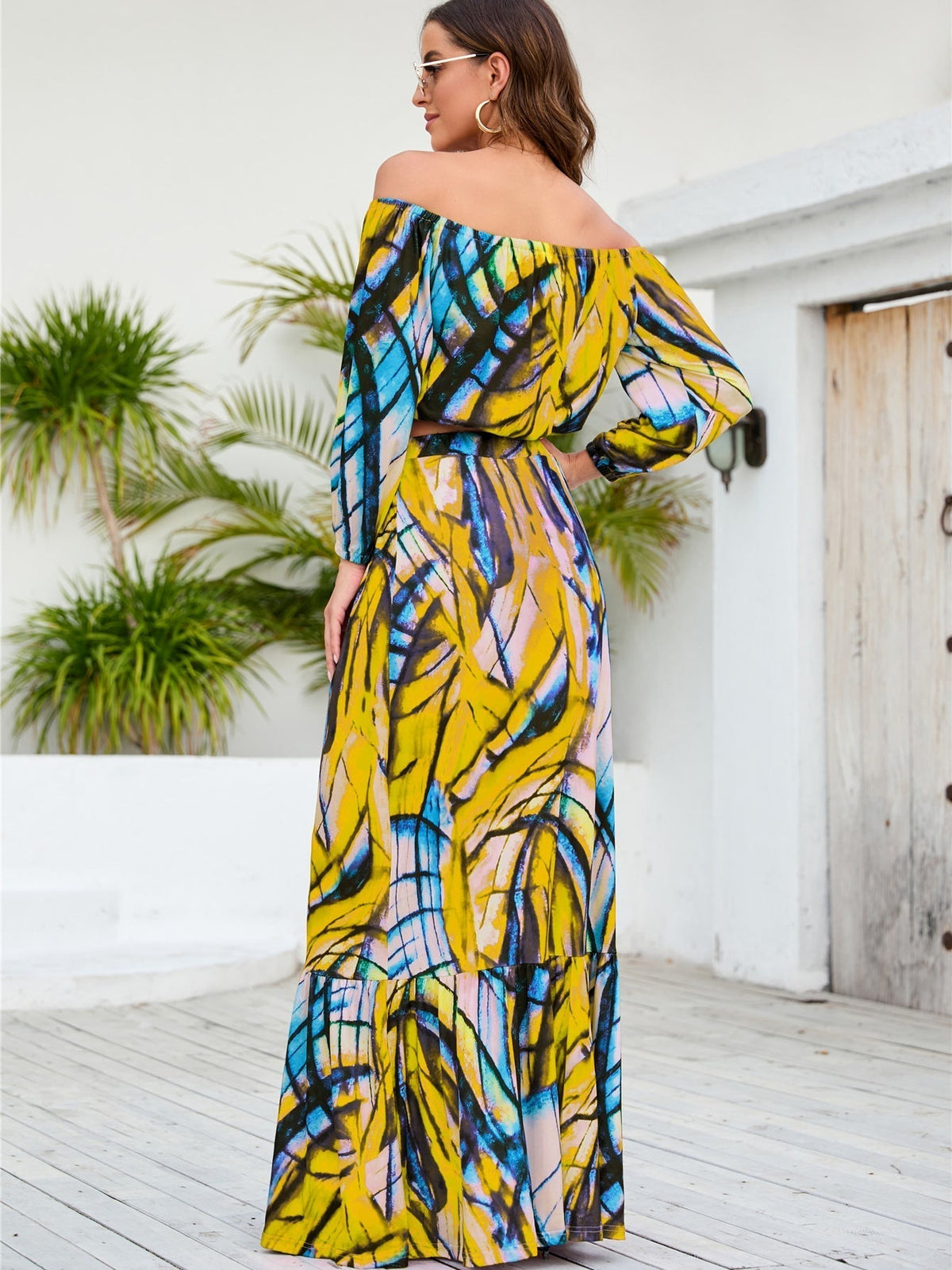 Abstract Print Off Shoulder Crop Top & Maxi Skirt Set