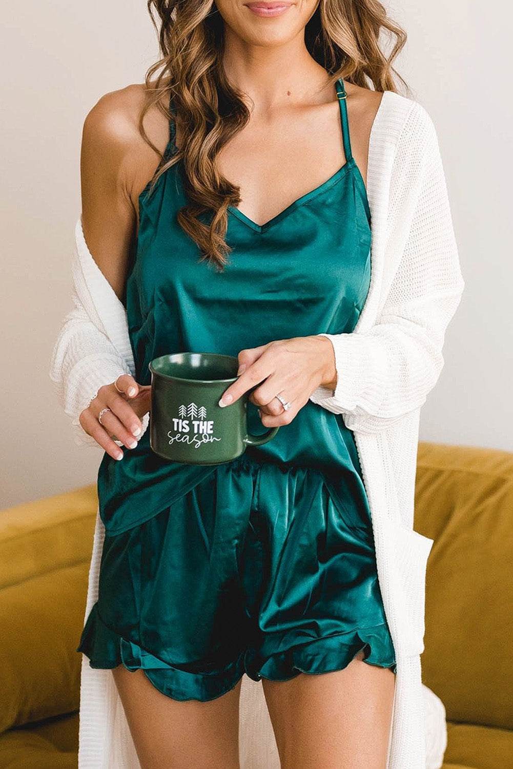 2pcs Silky Ruffled Spaghetti Straps Pajamas Set - Fashionpara