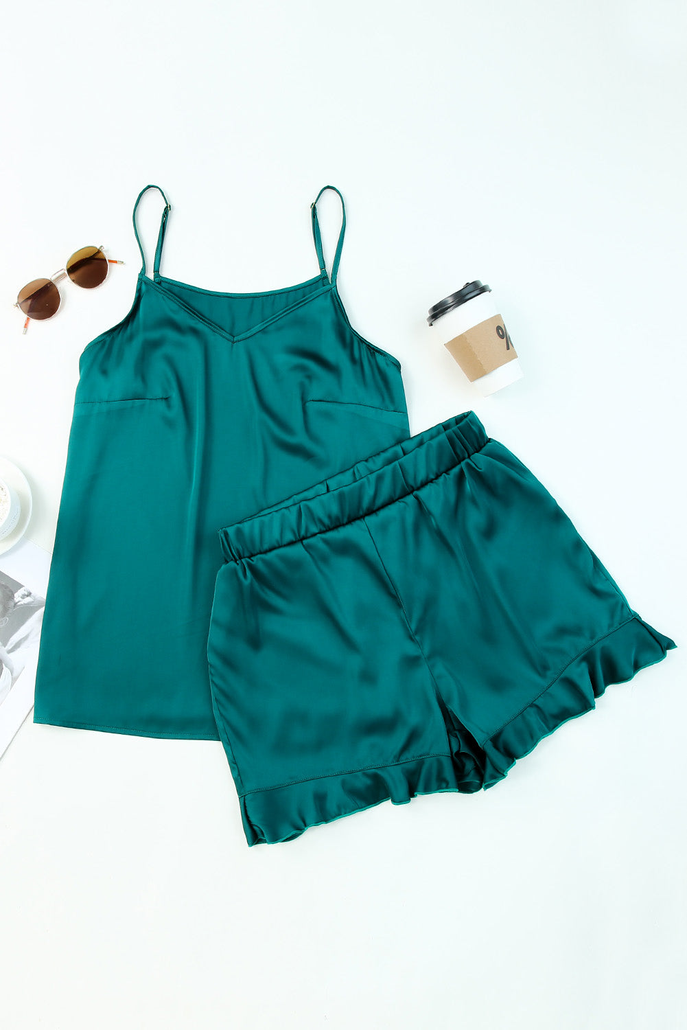 2pcs Silky Ruffled Spaghetti Straps Pajamas Set - Fashionpara
