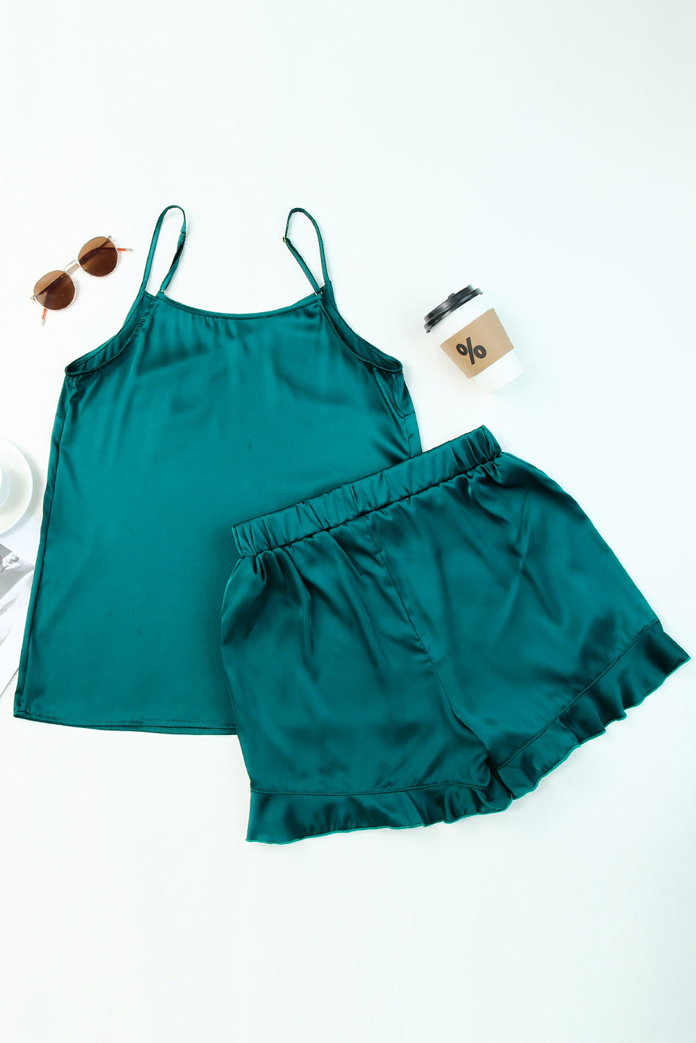 2pcs Silky Ruffled Spaghetti Straps Pajamas Set - Fashionpara