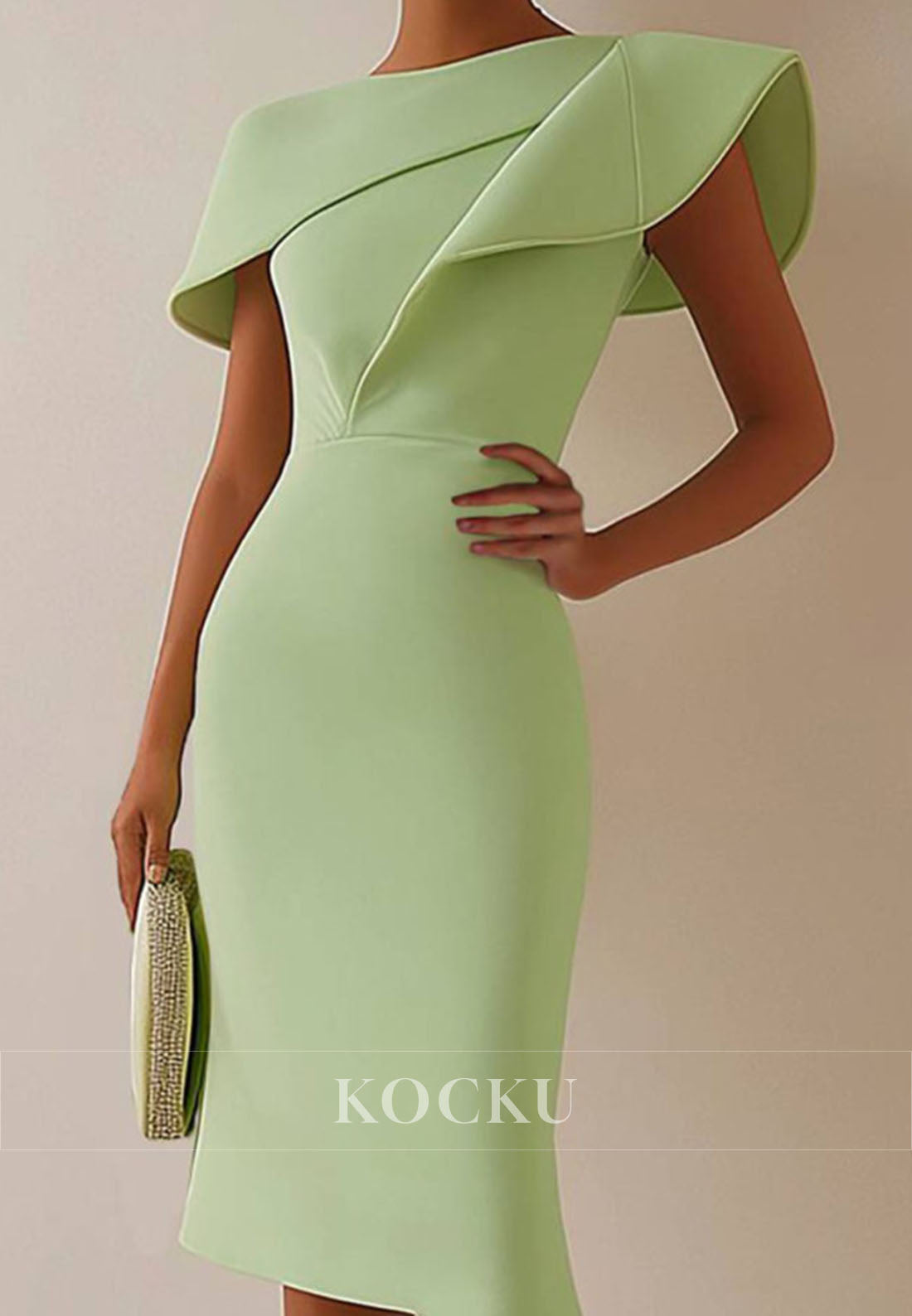 Simple Amymmetrical Ruffled Leaf Sleeves Sheath Knee-Length Work Dress Formal Gown