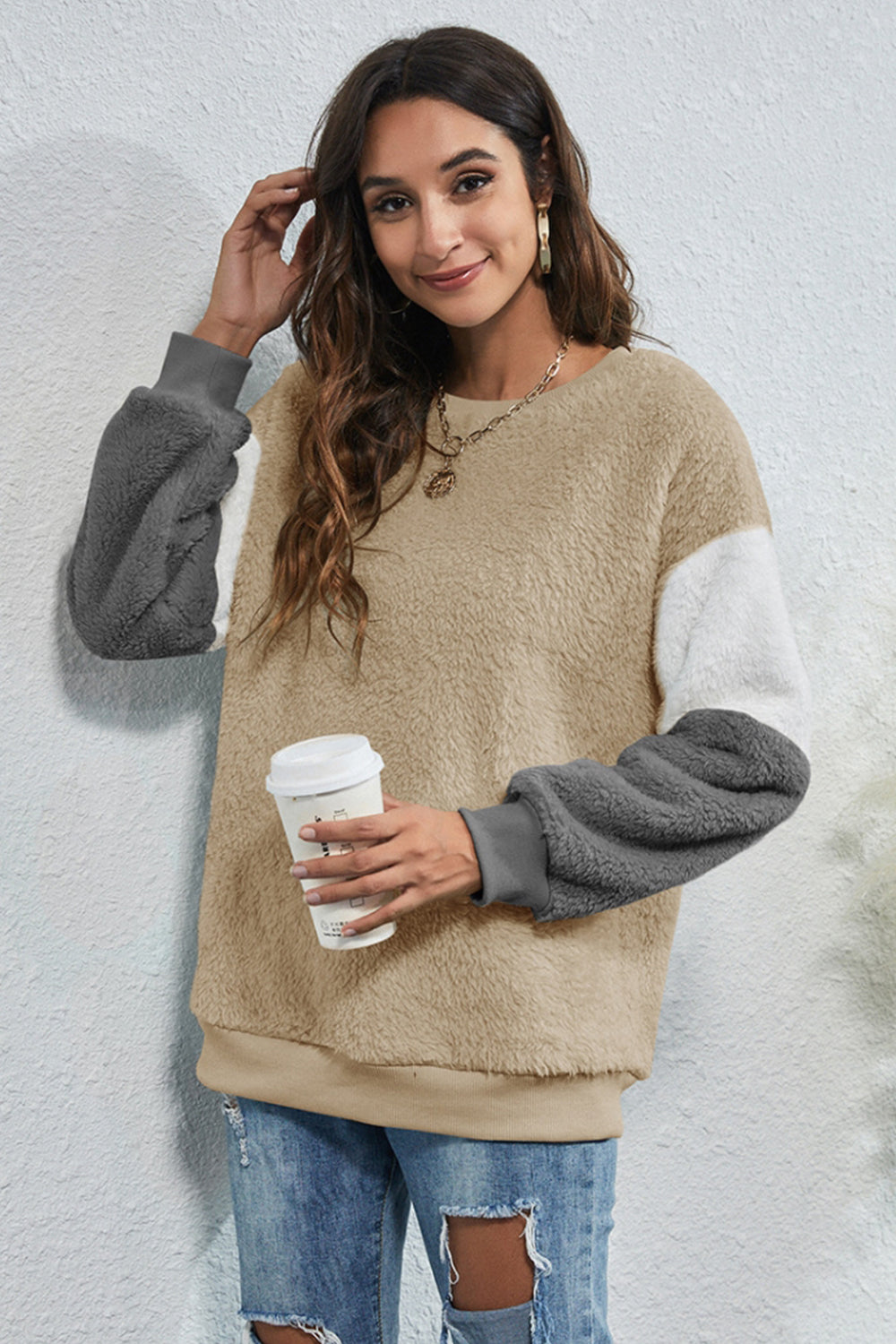 RadyRin Stylish Round Neck Three-Color Sweater for Elegance