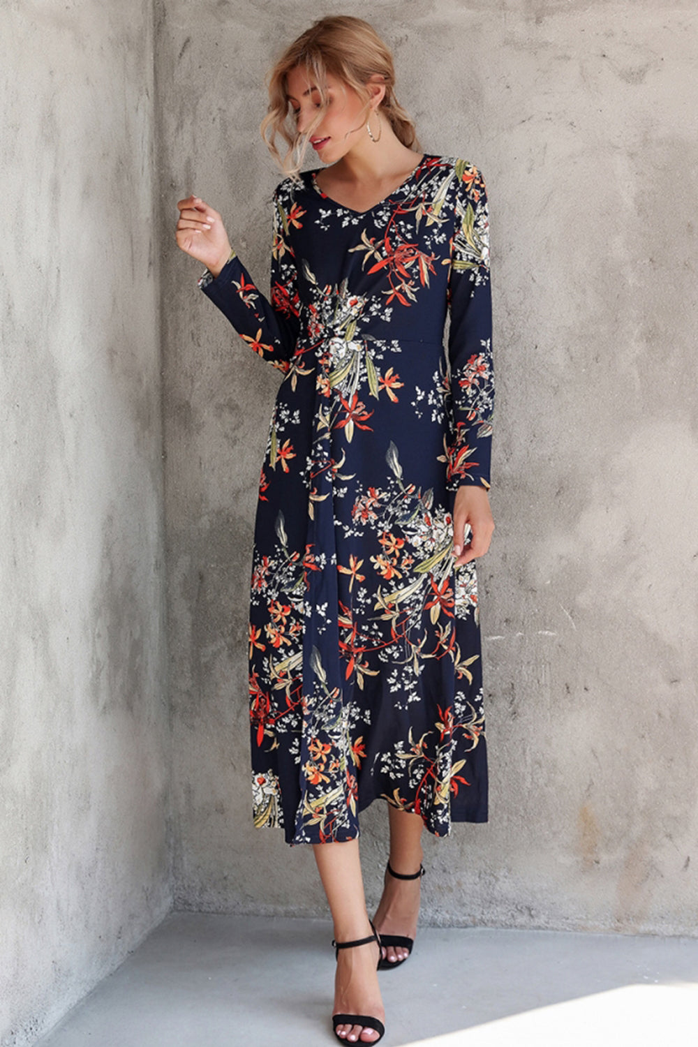 V-neck Printed Waist Slit Long Sleeve Dress - Fashionpara