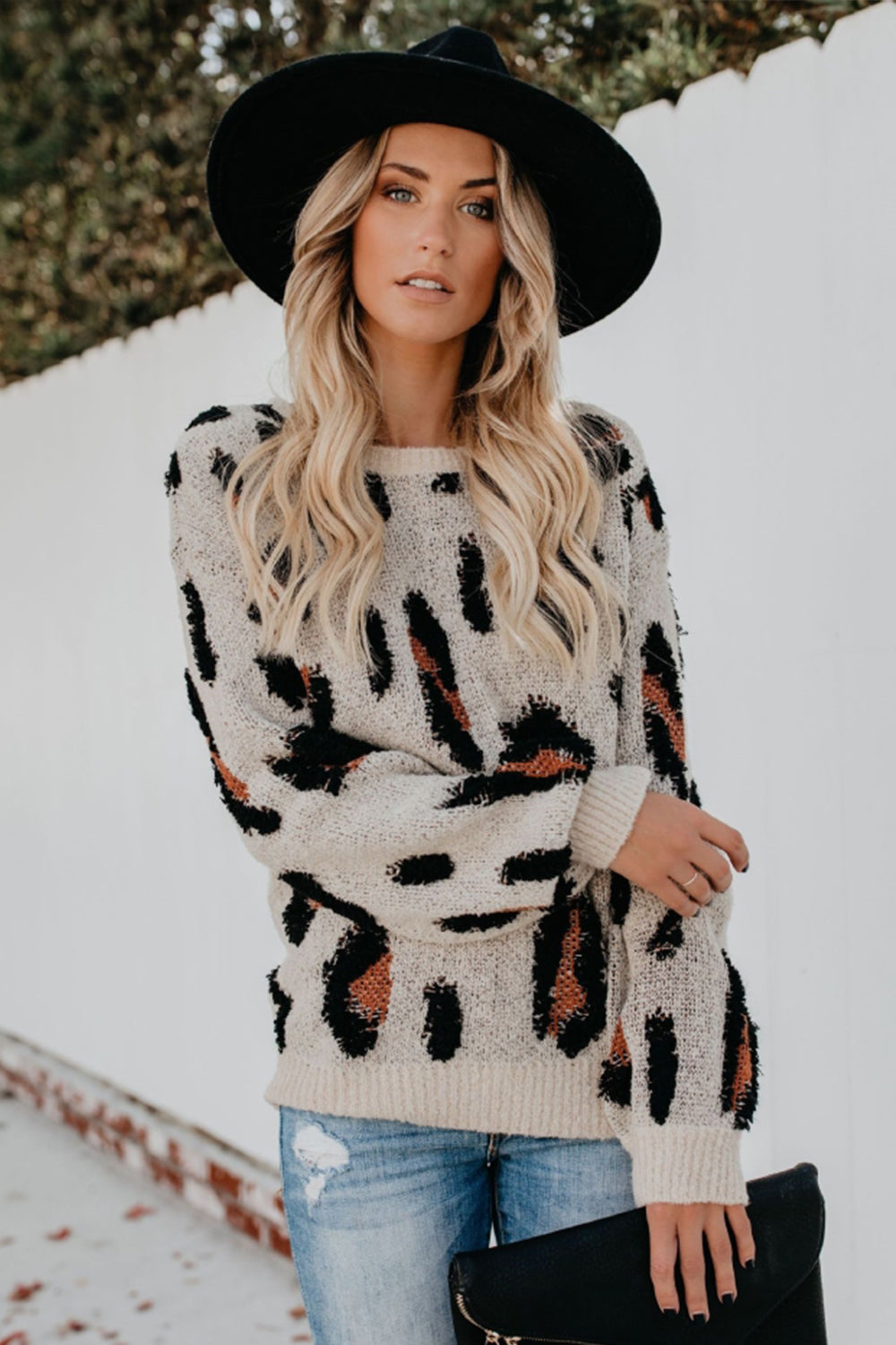 RadyRin Leopard Print Round Neck Pullover Sweater