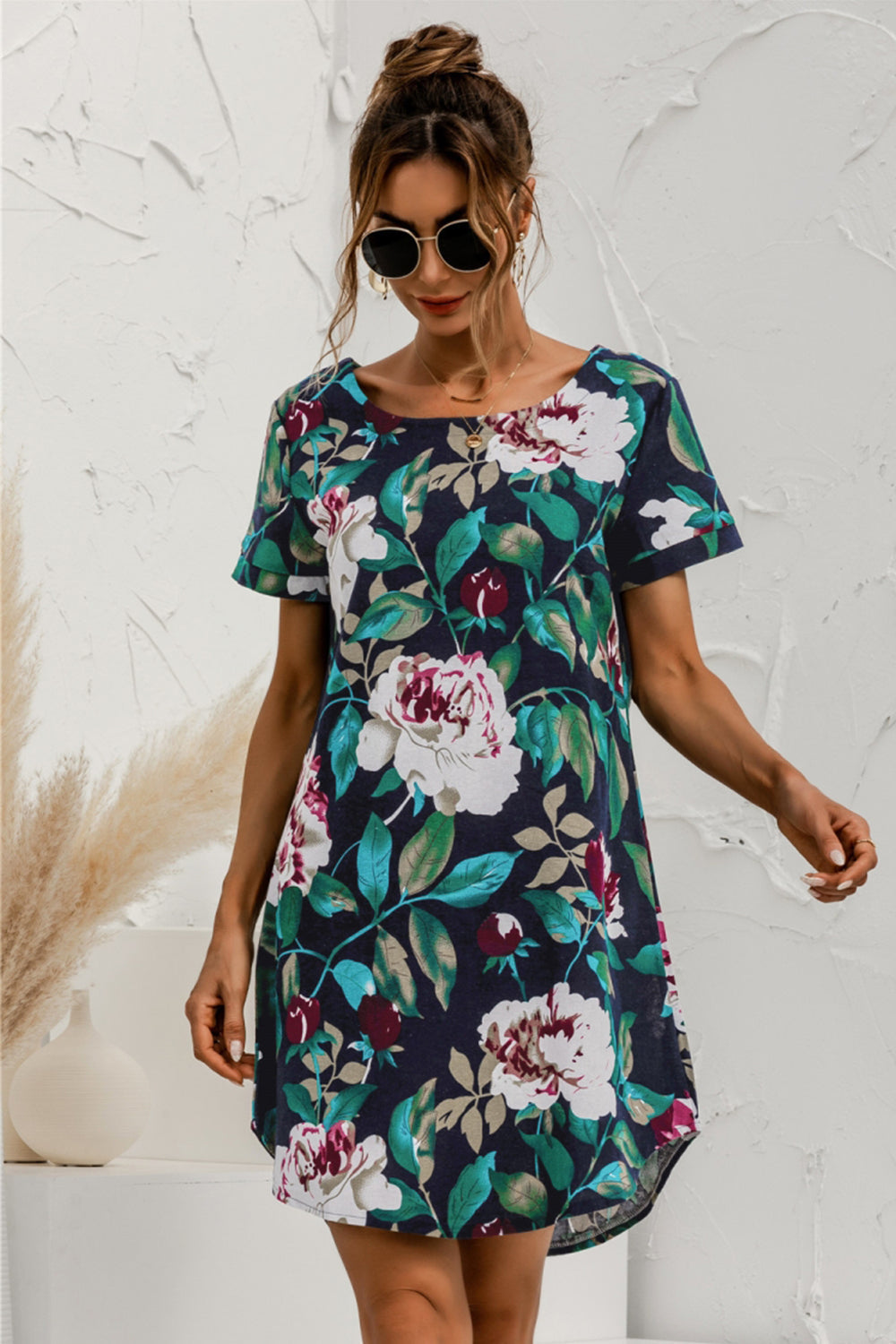 Round Neck Flower Print Dress - Fashionpara