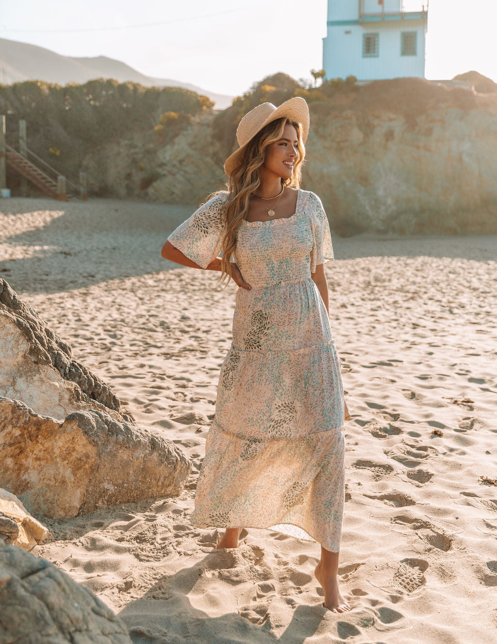 Printed Square Neck Short Sleeve Tiered Maxi Dress
