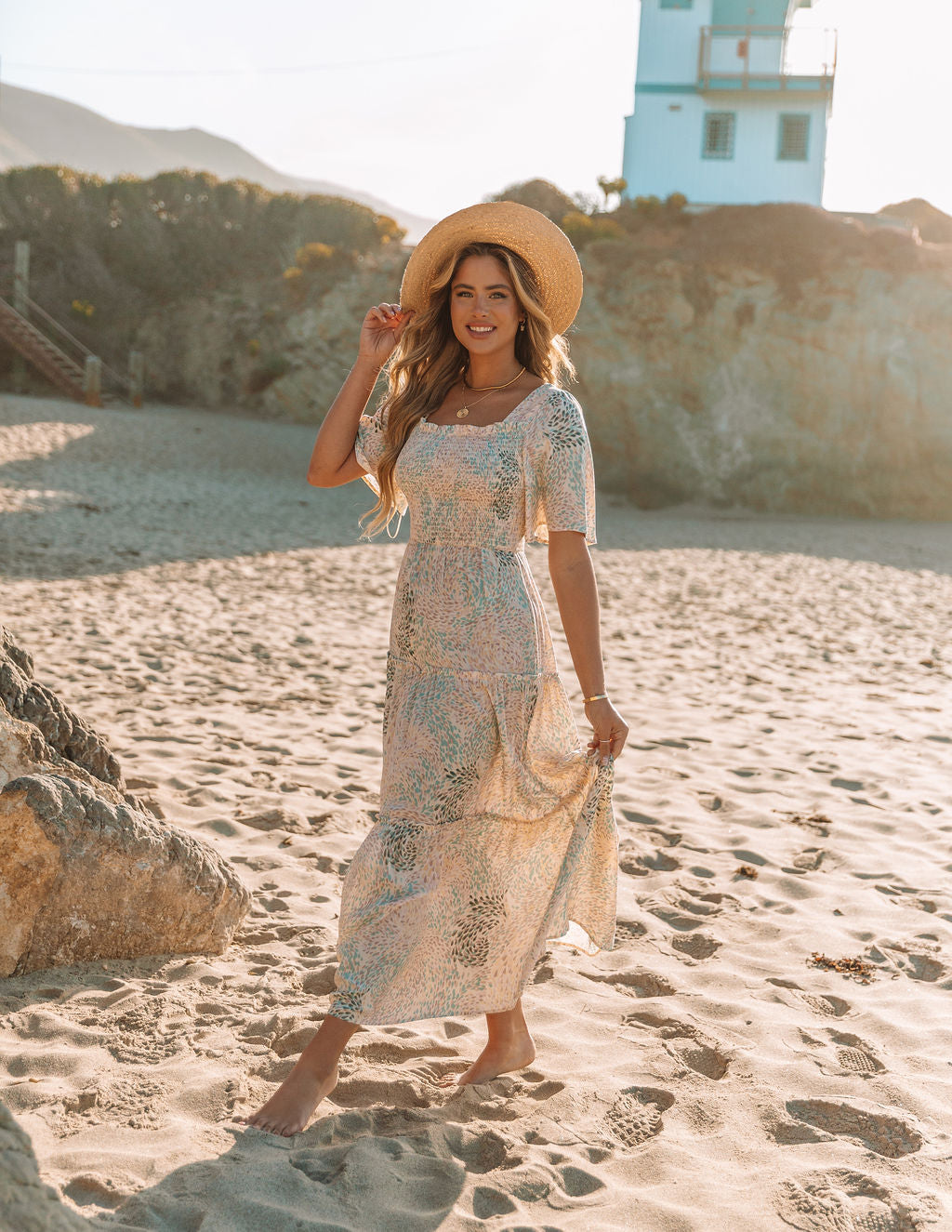 Printed Square Neck Short Sleeve Tiered Maxi Dress