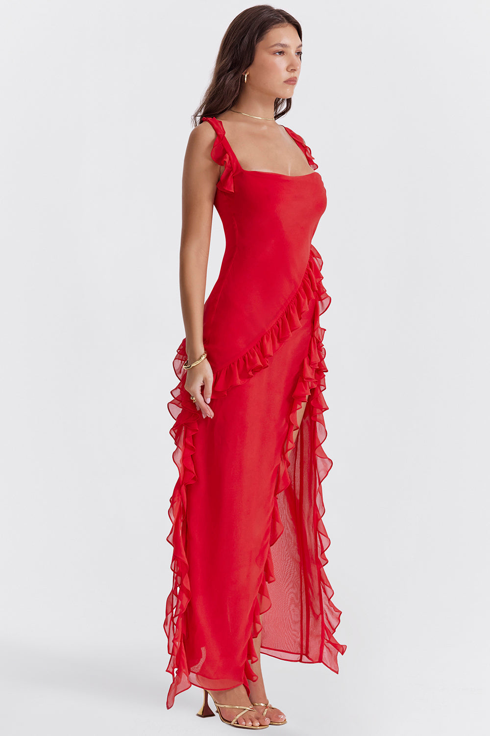 Square Neck Ruffle Strap High Split Asymmetrical Cascade Maxi Dress 57