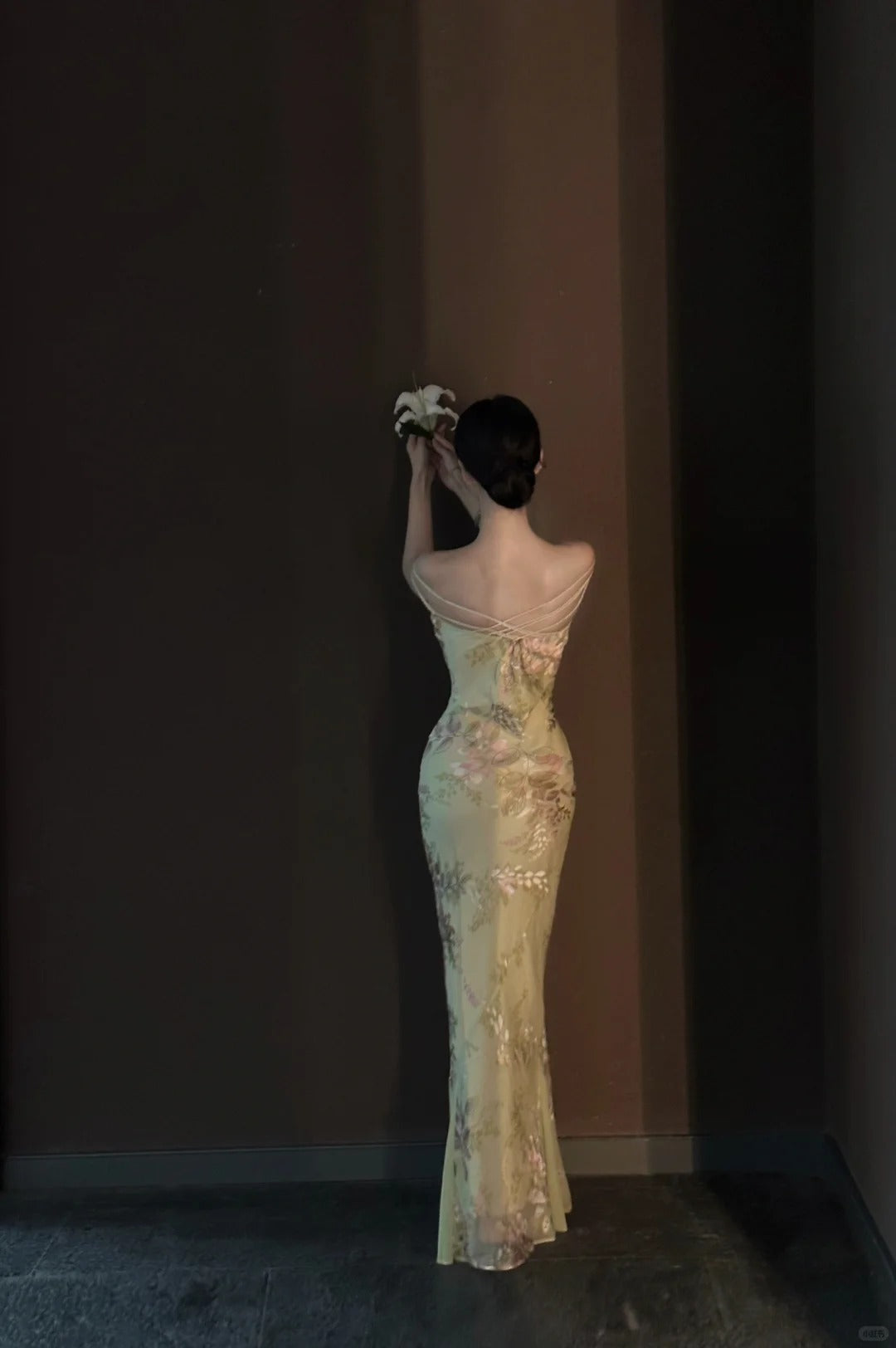 Vintage Light Green Printed Mermaid Strap Chiffon Long Prom Dress Evening Dress P4030