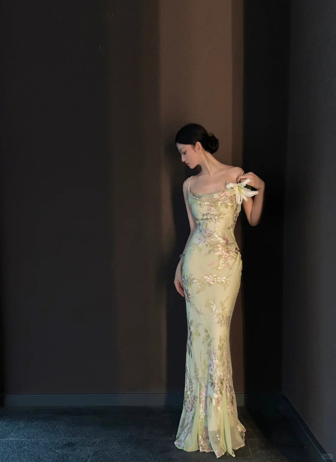 Vintage Light Green Printed Mermaid Strap Chiffon Long Prom Dress Evening Dress P4030