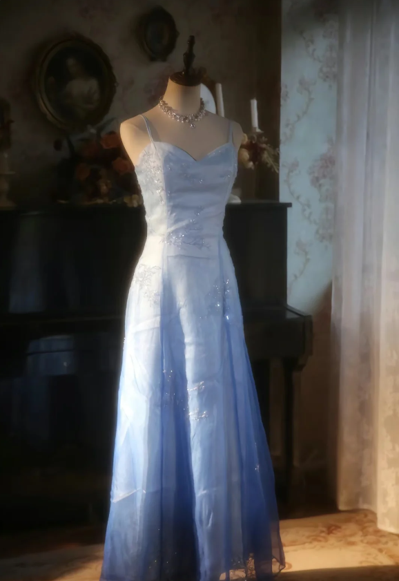 Vintage Gradient Light Blue A-line Spaghetti Strap Beaded Tulle Long Prom Dress Evening Dress P4300