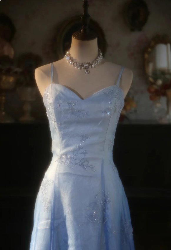 Vintage Gradient Light Blue A-line Spaghetti Strap Beaded Tulle Long Prom Dress Evening Dress P4300