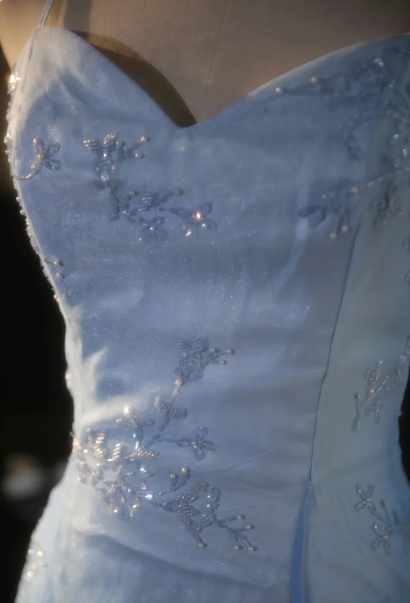 Vintage Gradient Light Blue A-line Spaghetti Strap Beaded Tulle Long Prom Dress Evening Dress P4300