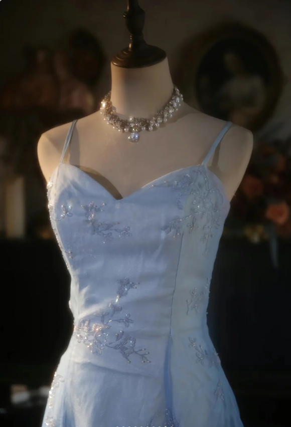 Vintage Gradient Light Blue A-line Spaghetti Strap Beaded Tulle Long Prom Dress Evening Dress P4300