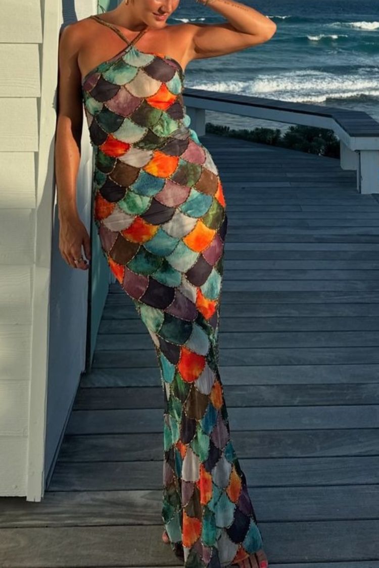 Little Mermaid Colorful Scales Print Halter Maxi Dress - Fashionpara