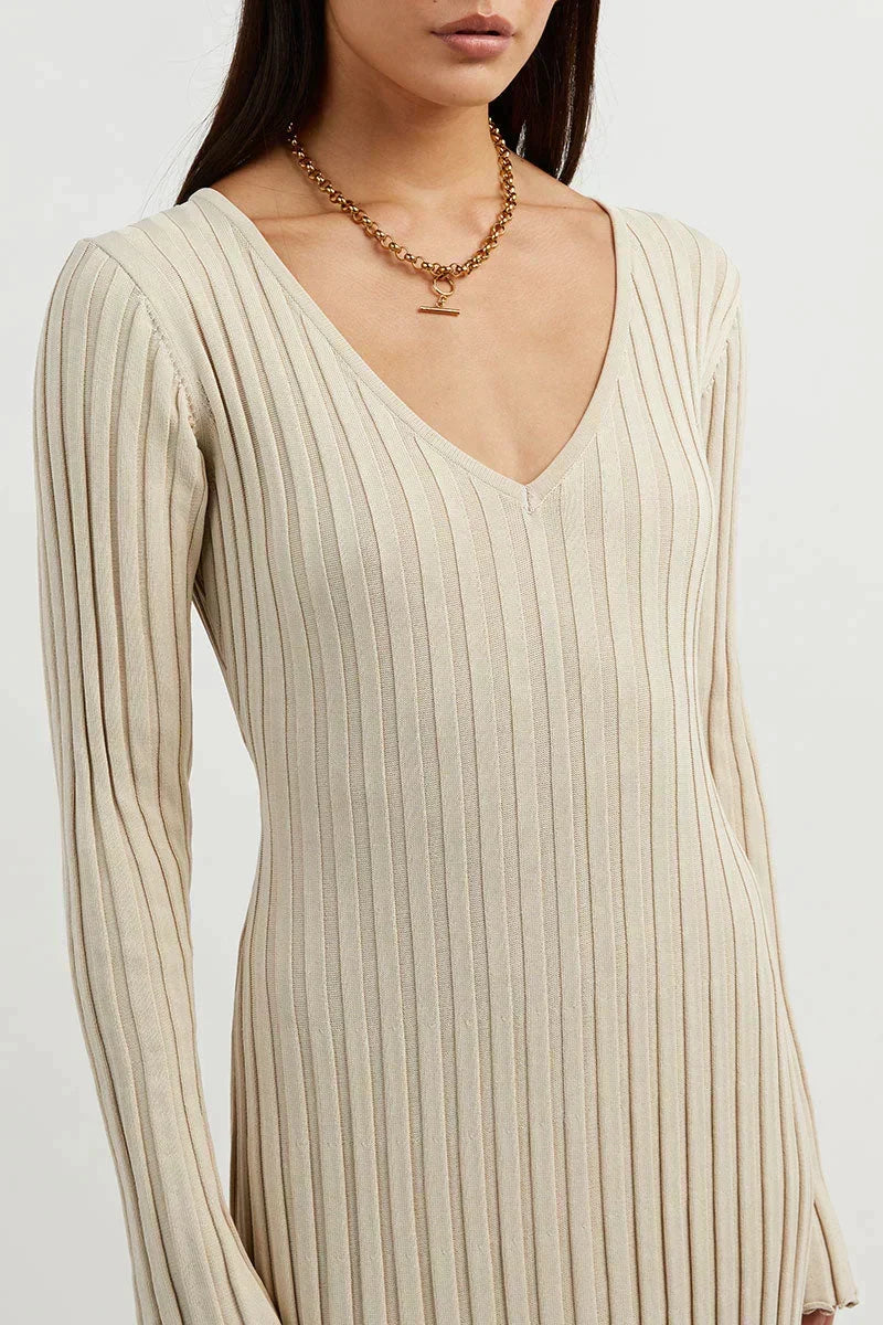 Ribbed Knit V-Neck Long Sleeve Bodycon Maxi Dress - View 5