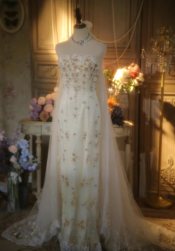 Elegant Ivory Strapless Beaded Floral Tulle Train Long Prom Dress Evening Dress P4301