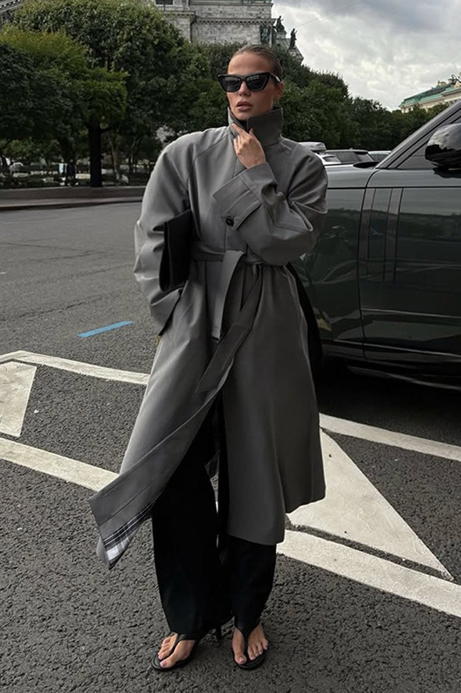 Elegant Solid Color Belted Long Overcoat for Chic Style