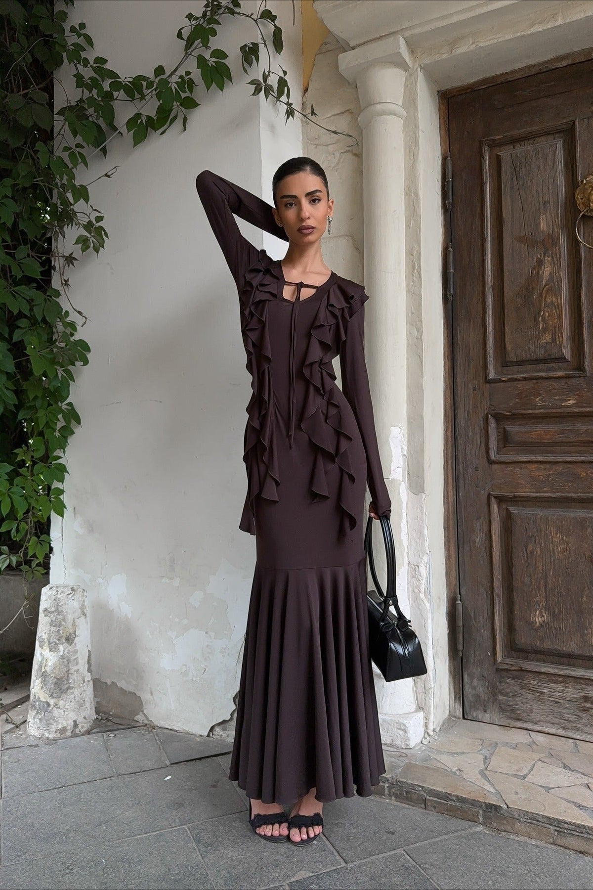 Ruffle Tie-Front Long Sleeve Fishtail Maxi Dress 2