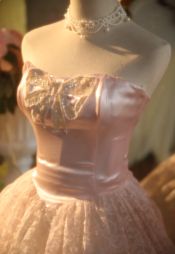 Princess Light Pink Strapless Lace Ball Gown Evening Dress Sweet 16 Dress P4304