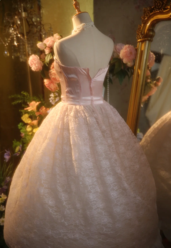 Princess Light Pink Strapless Lace Ball Gown Evening Dress Sweet 16 Dress P4304