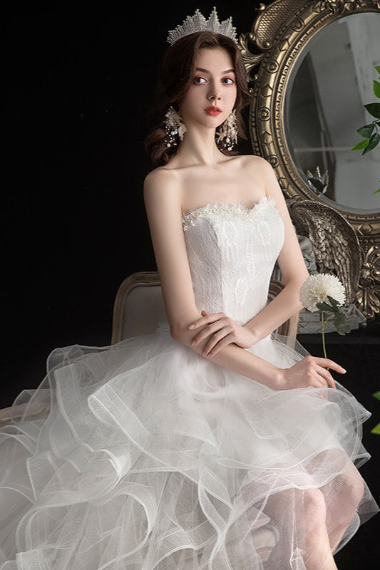 Strapless Lace Bodice Tiered Ruffle Tulle High Low Gown 3