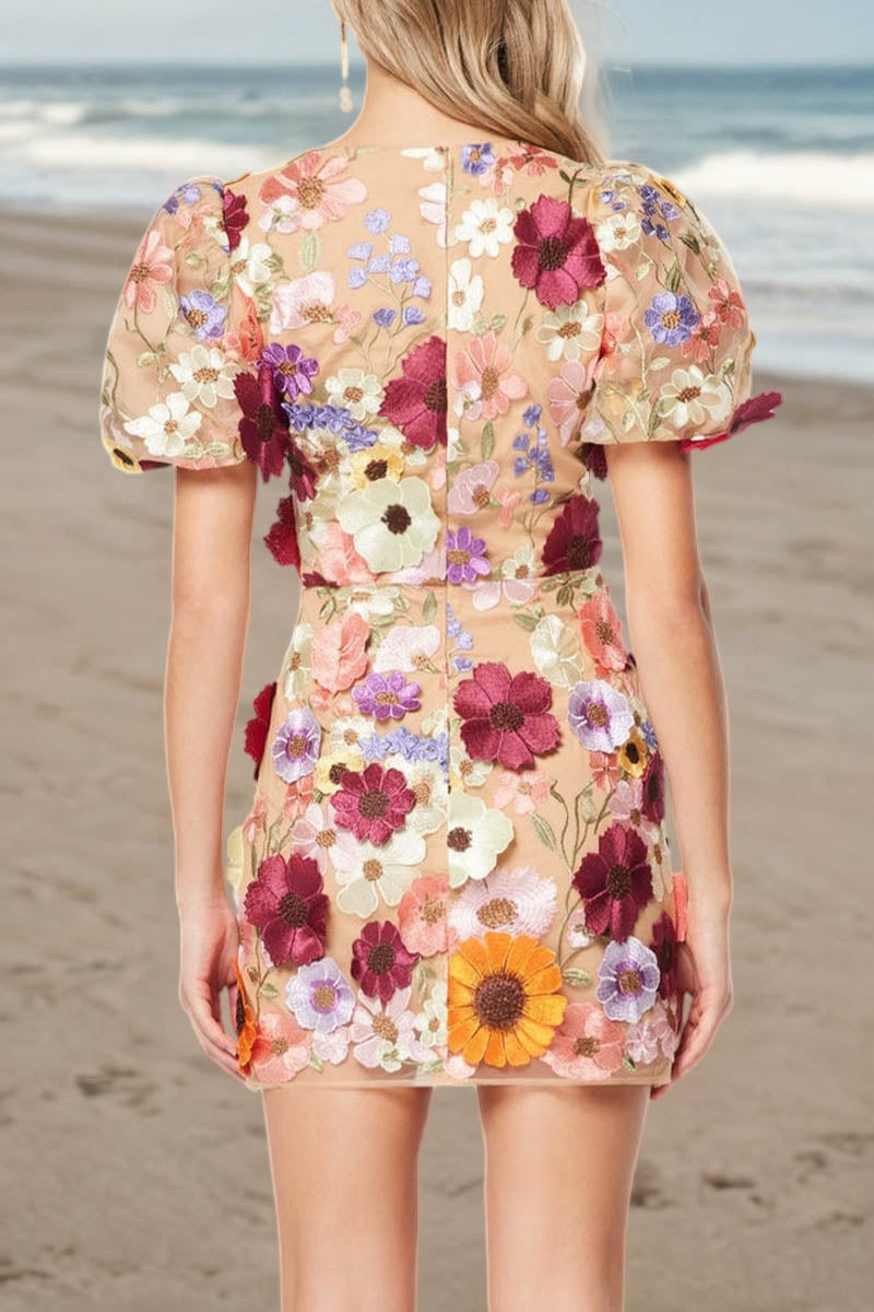 3D Lace Flower V-neck Puff Sleeve Mini Dress - Fashionpara