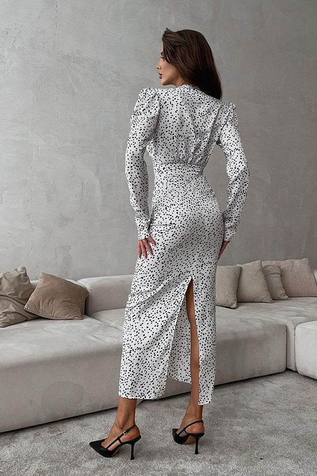 Spot Print Puff Sleeve Ruched Mermaid Maxi Dress