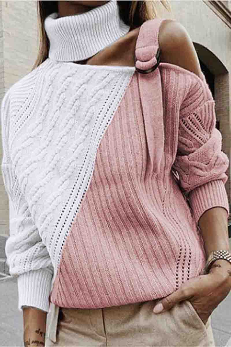 Turtleneck One Shoulder Patchwork Loose  Sweater(4 Colors)  Fashionpara