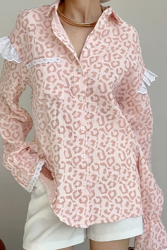 Pink Leopard Linen Blouse - Fashionpara
