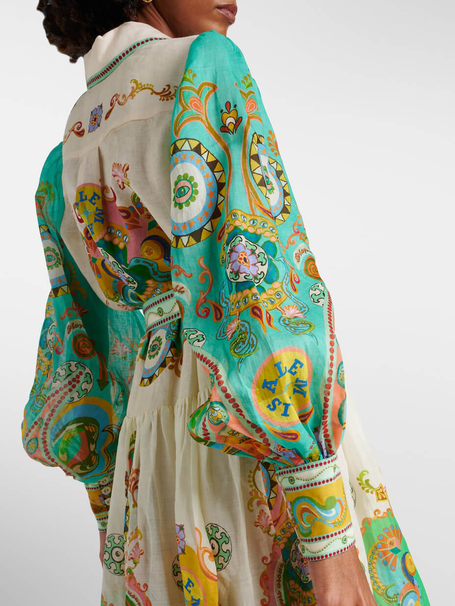 Unique Exquisite Print Puff Sleeve Tie Midi Dress - Fashionpara