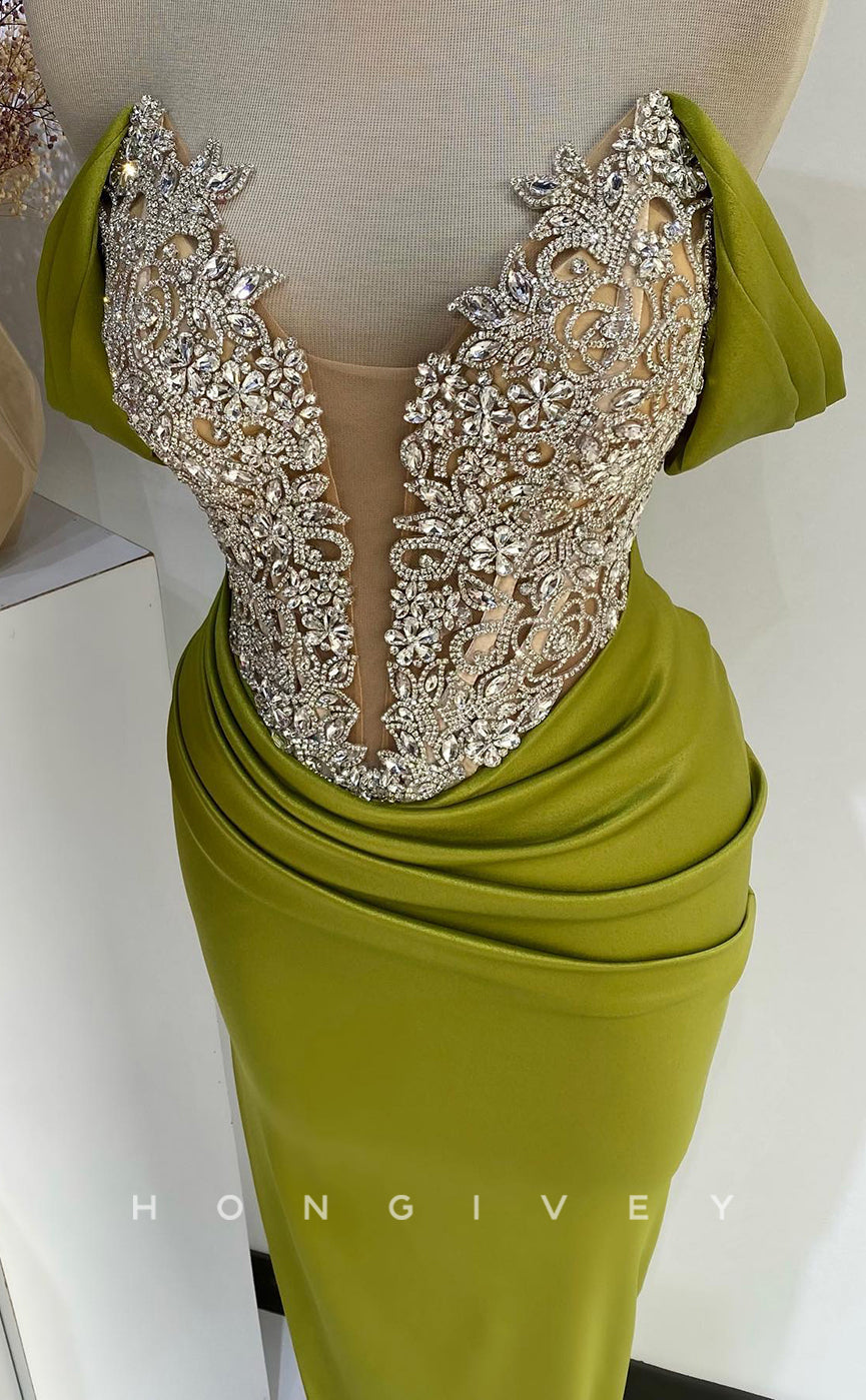 L2777 - Off-Shoulder Beaded Pleats With Side Slit Party Prom Evening Dress - Fashionpara