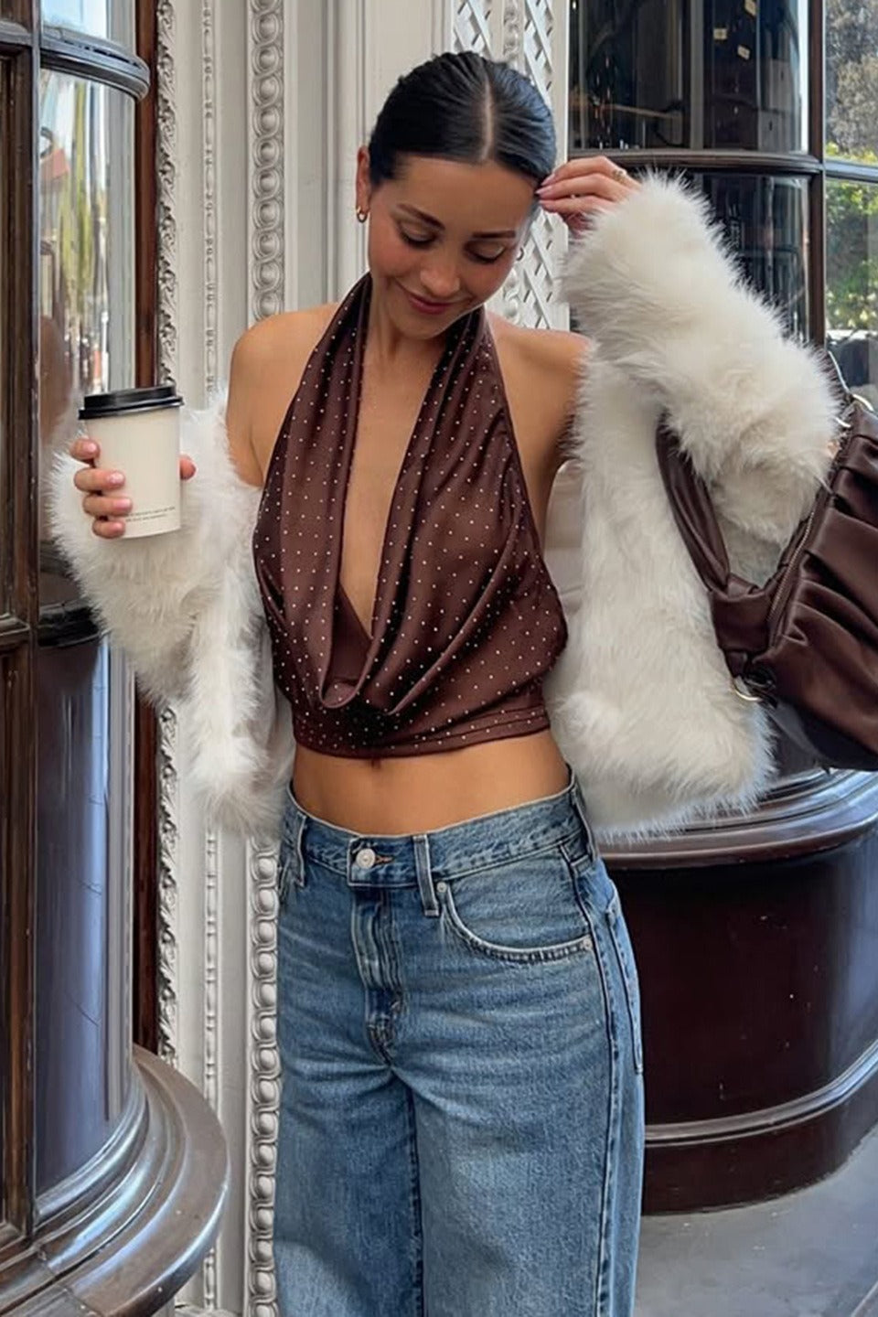 Polka Dot Color Block Backless Halter Crop Top - Fashionpara