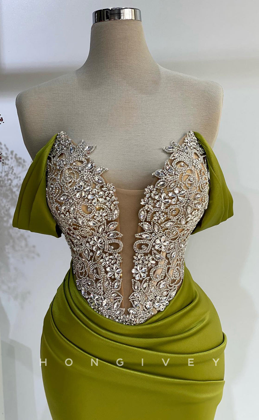 L2777 - Off-Shoulder Beaded Pleats With Side Slit Party Prom Evening Dress - Fashionpara