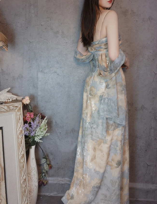 Vintage Fitted Spaghetti Strap Sequined Long Prom Dress Evening Dress P4308