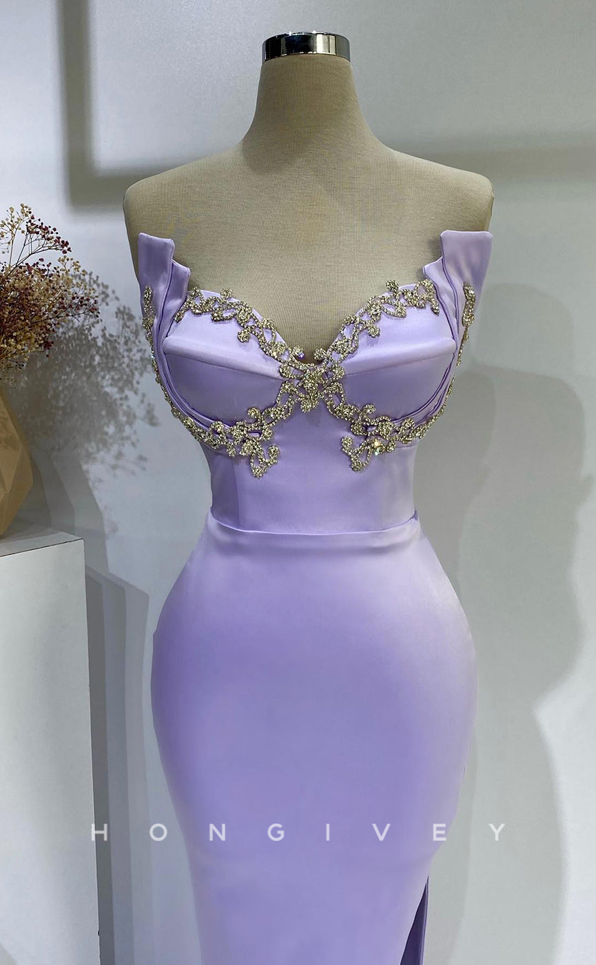 L2778 - Satin Trumpet Sweetheart Strapless Beaded With Side Slit Party Prom Evening Dress - Fashionpara