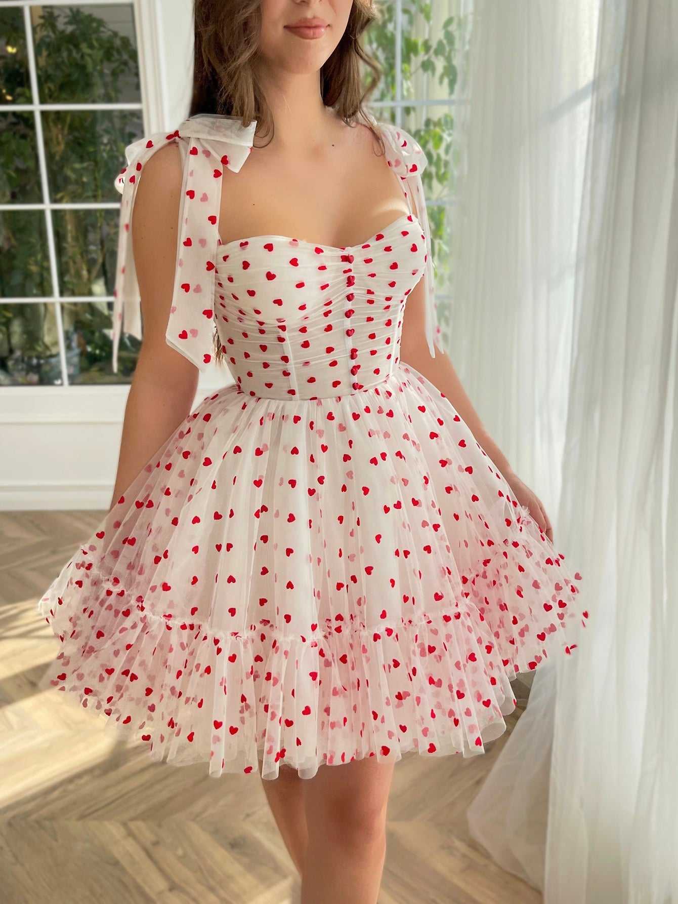 A-Line Tulle Pink Midi Prom Dress with Sweetheart Neckline - Fashionpara