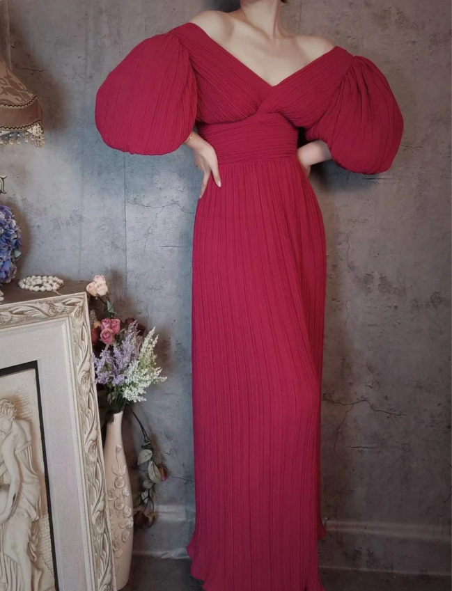 Elegant Rose Pink V-neck Puff Sleeve Pleated Long Prom Dress Evening Dress P4309