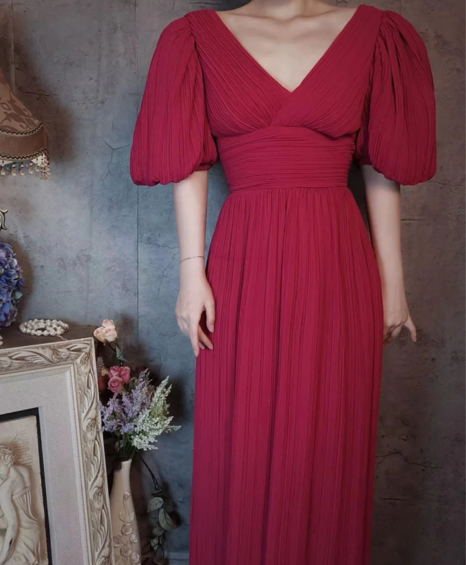 Elegant Rose Pink V-neck Puff Sleeve Pleated Long Prom Dress Evening Dress P4309