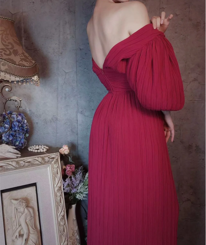 Elegant Rose Pink V-neck Puff Sleeve Pleated Long Prom Dress Evening Dress P4309