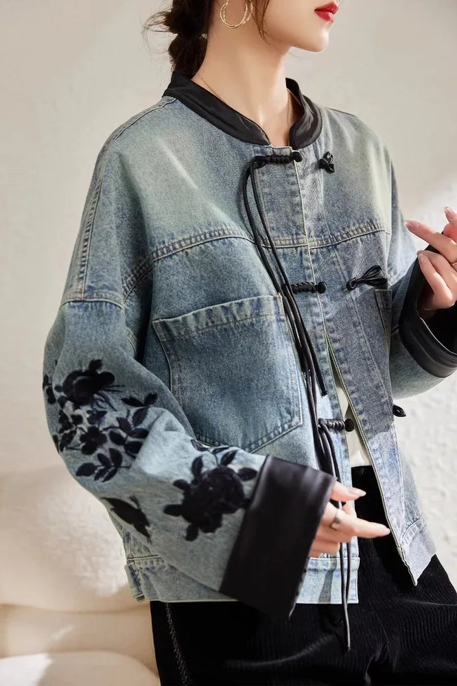 Vintage Print Short Denim Jacket
