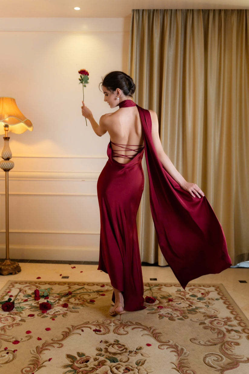 Satin Halter High-Neck Bias-Cut Column Maxi Dress 12