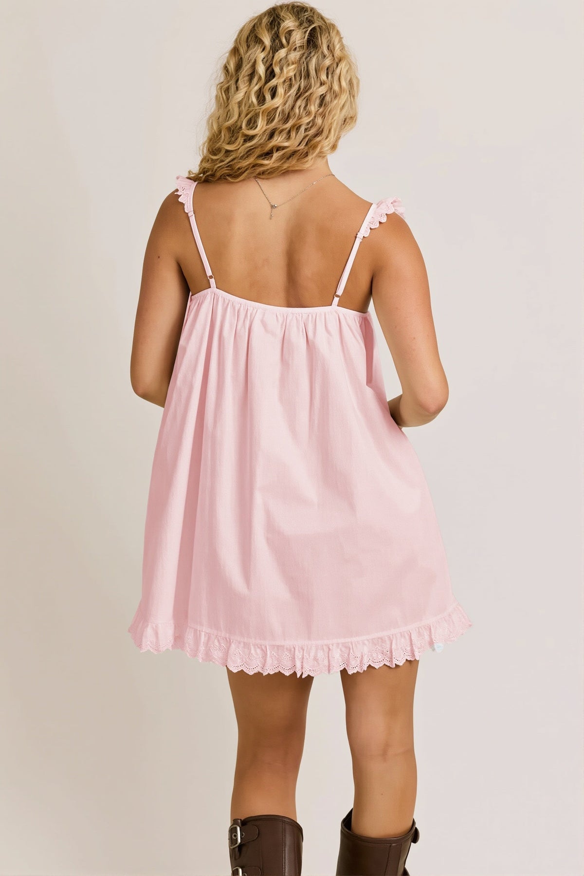 Eyelet Trim Square Neck Ruffle Strap Swing Mini Dress 7