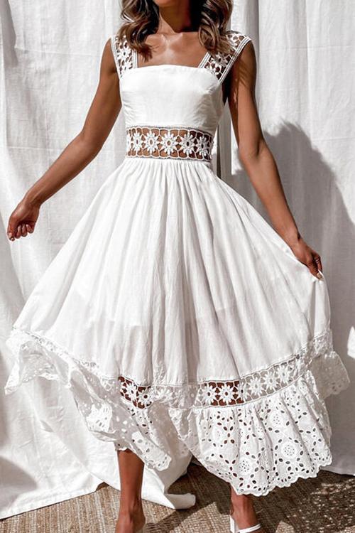 Square Neck Sleeveless Eyelet Lace Crochet Waist Midi Dress