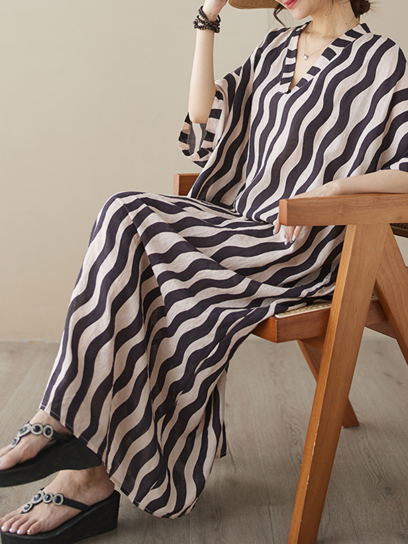 Wavy Stripe V-Neck Short Sleeve Kaftan Maxi Dress 4