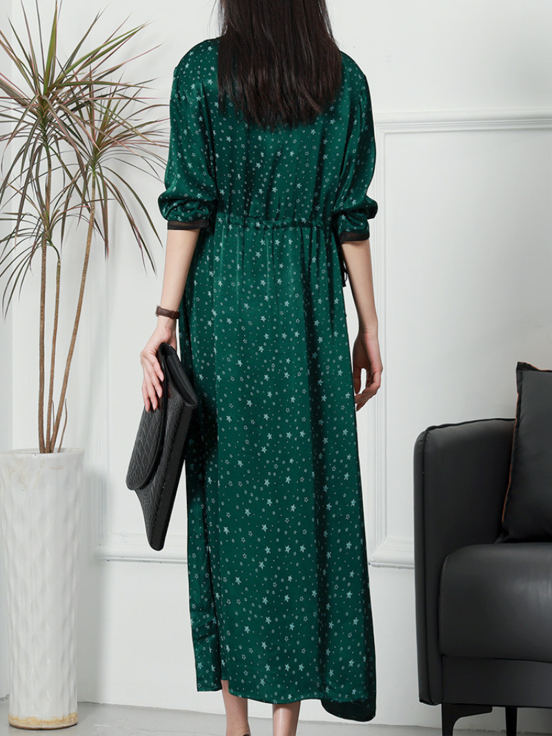 Star Print Round Neck Long-Sleeve Drawstring Waist Maxi Dress 2